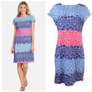Talbots Size MEDIUM Blue Pink Color Block Seashell Beach Dress Cotton Coastal